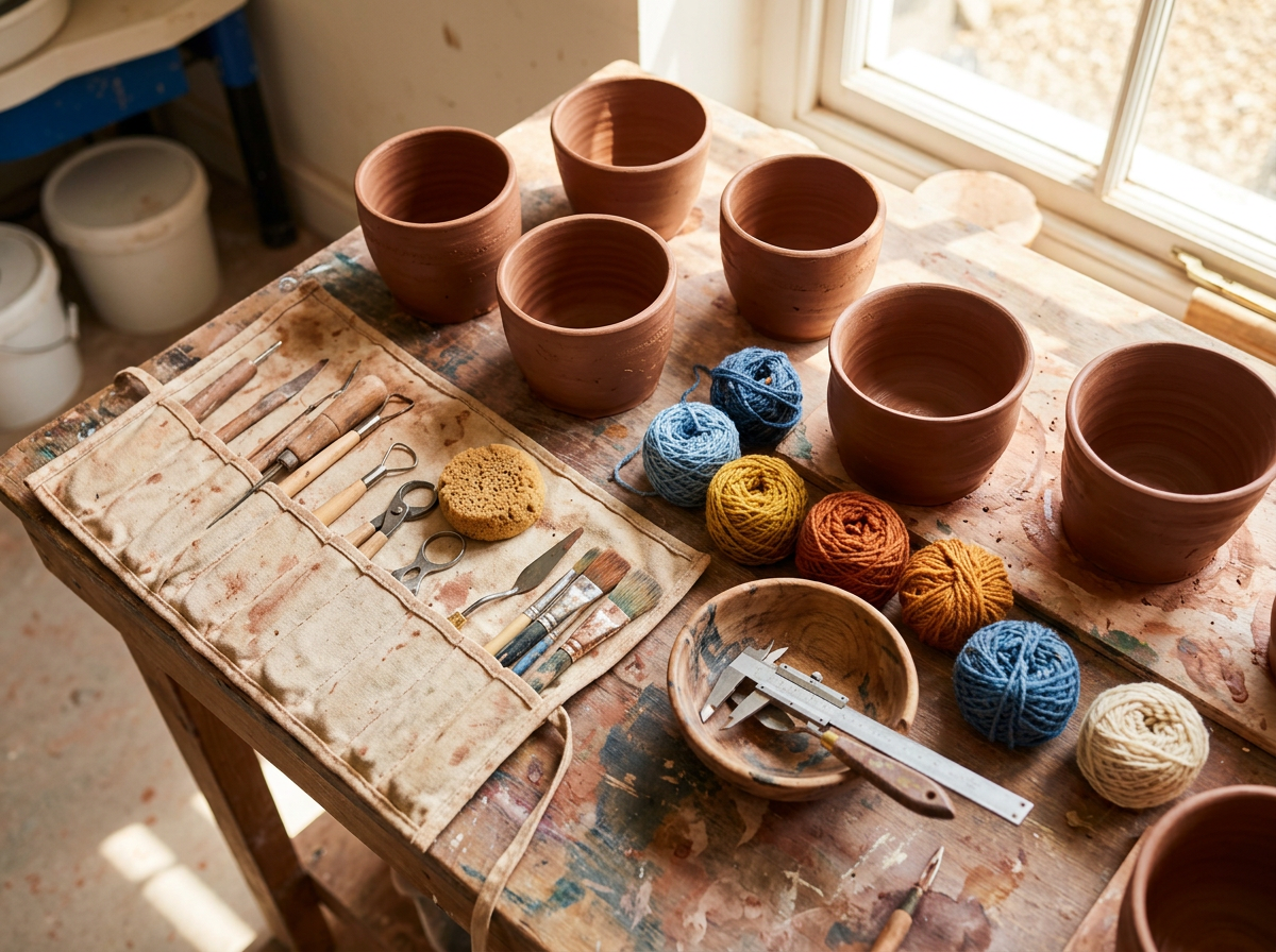 A potter&rsquo;s tool roll, callipers and brushed-on clay bowls on a paint-spattered work table.