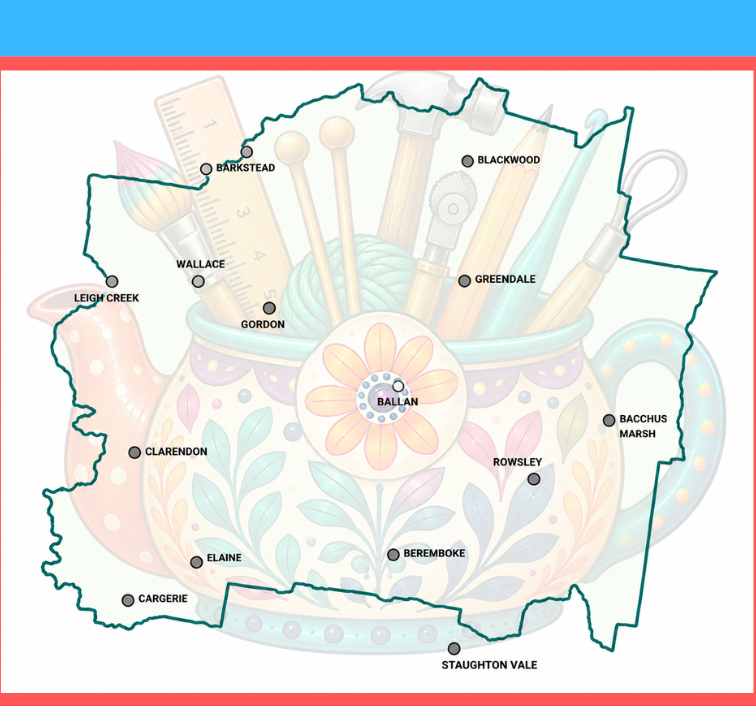 Illustrated map of the Moorabool Shire drawn inside a teapot, showing Ballan at the centre and the surrounding towns.